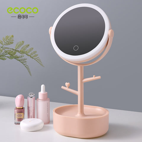 Ecoco LED Makeup Mirror with Light Cosmetic Storage Desktop Rotating Vanity Mirror Light Adjustable Dimming USB Vanity Mirror 