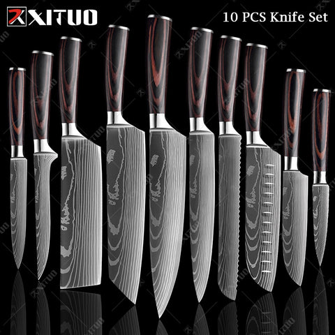 XITUO Kochmesser 1–10-teiliges Set, Küchenmesser, Laser-Damaskus-Muster, scharfes Japanisches Santokumesser