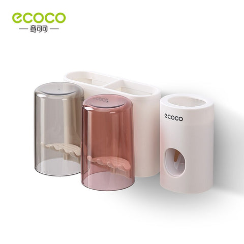 ECOCO Multifunctional Toothbrush Holder with Cups Toothpaste Dispenser Wall Mounted Storage Rack Tool Set Bathroom Accessories