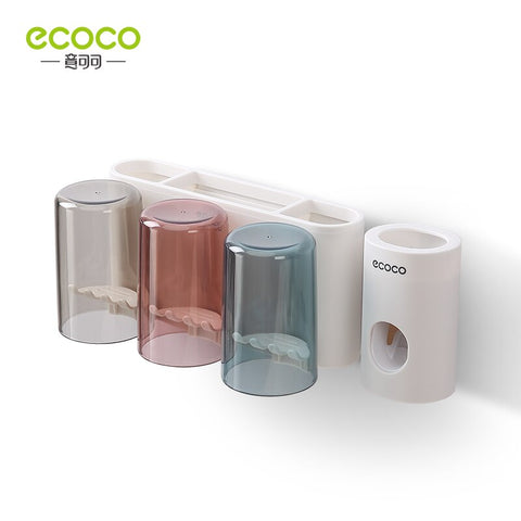 ECOCO Multifunctional Toothbrush Holder with Cups Toothpaste Dispenser Wall Mounted Storage Rack Tool Set Bathroom Accessories