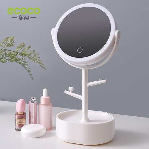 Ecoco LED Miroir de Maquillage avec Lumière Cosmétique Stockage Bureau Rotatif Miroir de Courtoisie Lumière Réglable Gradation USB Miroir de Courtoisie 