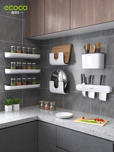 ECOCO kitchen rack perforated wall-mounted household spices complete knife rack multi-functional storage rack