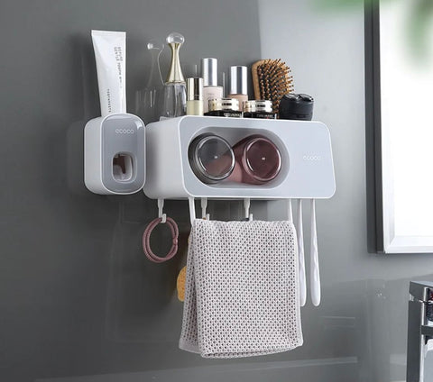 ECOCO Wall Mount Automatic Toothpaste Dispenser Bathroom Accessories Set Toothpaste Squeeze Dispenser Toothbrush Holder Tool